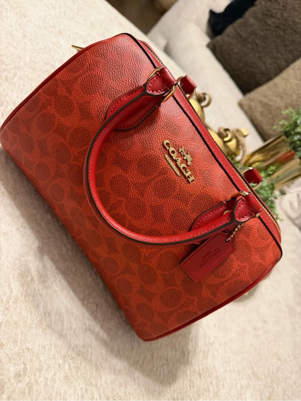 COACH MEDIUM ROWAN SATCHEL – SIGNATURE CANVAS – CRIMSON/GOLD – NWT